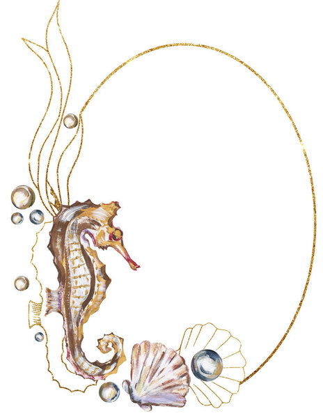 Acrylic hand painted sea shells, corals, sea horse and pearls wreath illustration, golden graphic wreath clipart, ocean life clip art