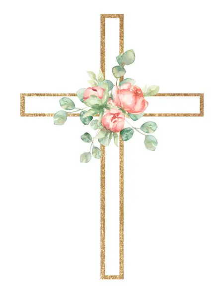 Akvarell Handmålade Rosa Floraler Cross Clipart Påsk Religiösa Blommor Illustration Stockfoto