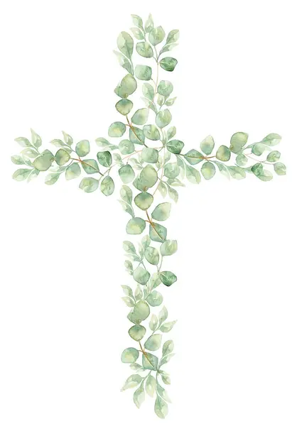Akvarell Handmålade Grönska Cross Clipart Påsk Religiösa Blommor Illustration Eukalyptus Royaltyfria Stockbilder