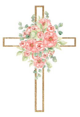 Suluboya Paskalya Haçı Clipart, Dini illüstrasyon, Pembe Şakayık çiçekleri ve yeşil yapraklar haç, Vaftiz klipsi sanat, Kutsal Ruh klibi, düğün buketi.