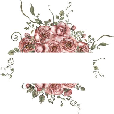 Suluboya kırmızı şakayık çiçekleri, çerçeve illüstrasyonları, çiçeklerin sınır çizimleri