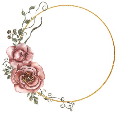 Suluboya kırmızı şakayık çiçekleri, yapraklar ve altın çelenk çizimi