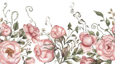 Suluboya pembe şakayık çiçekleri, yapraklar ve altın pürüzsüz sınır çizimleri