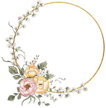 Suluboya pembe ve sarı şakayık çiçekleri, yapraklar ve altın çelenk çizimi