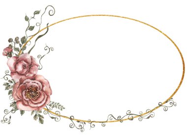 Suluboya kırmızı şakayık çiçekleri, yapraklar ve altın çelenk çizimi