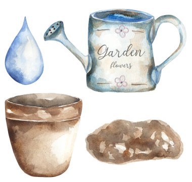 Bahçıvanlık Clipart, suluboya vintage ekim zaman klipsi sanatı, teneke ve toprağı illüstrasyonla sulama