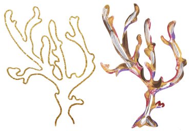 Akrilik el boyalı deniz mercanı illüstrasyonu, altın renginde mercan çıkıntısı, okyanus yaşamı klipsi sanatı.