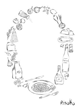 Grafik risotto posteri, el çizimi vektör illüstrasyonu. İtalyan restoranı veya Akdeniz yemeği malzemeleri. Risotto yemek elementleri sanat klipsleri. Lezzetli İtalyan aperatifi