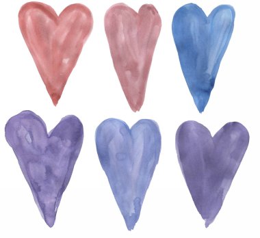 Heart Clipart, Suluboya el çizimi kırmızı ve mavi kalpler çizimi, aşk dekorasyonu, sevgililer günü klip sanatı, kupür defteri, kart yapımı elementler
