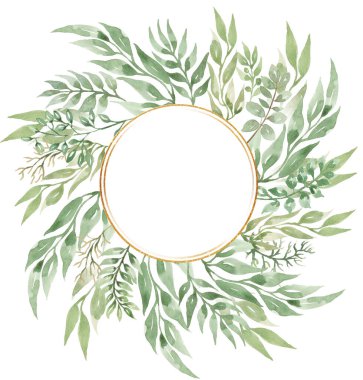 Suluboya el yeşillik çelenk Clipart, yeşil çiçek yaprakları sınır resimleri, yeşillik dalı ve altın çerçeve, düğün davetiyesi