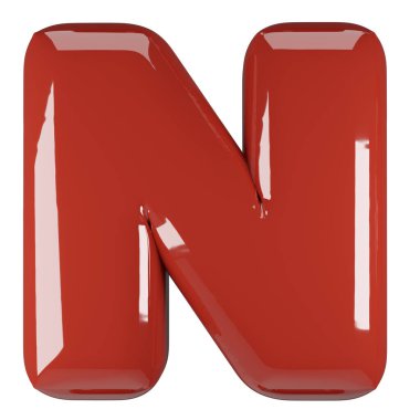 Şişirilmiş parlak kırmızı harf N büyük harf çizimi. Parıltılı 3 boyutlu lateks kabarcık yazı tipi. Grafik tipi, tipografi, ABC clipart, alfabe