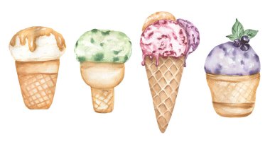 Suluboya dondurma seti, yaz yemeği çizimi, karamel, şam fıstığı ve çilekli dondurma baskısı. 