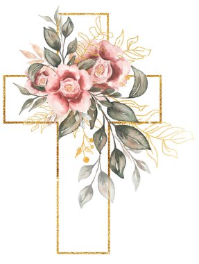 Cross Clipart, suluboya altın çerçeve haçı pembe şakayık çiçekleri ve yeşillik buketi, vaftiz haçı klipsli sanat, düğün davetiyeleri, kutsal ruh, dini illüstrasyon, paskalya 