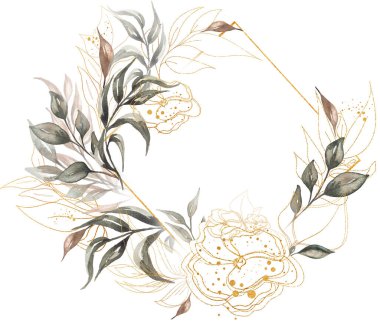 Yeşil çerçeve Clipart, yeşillik buketli suluboya altın çerçeve, gri yapraklı çelenk, altın çiçekli kenar, düğün davetiyeleri, bebek partisi, kart yapımı