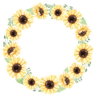 Ayçiçeği çelengi, suluboya çayır çiçekleri çerçeve, kır çiçekleri buket illüstrasyon, düğün davetiyeleri, bebek partisi, logo