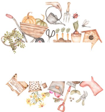 Suluboya el çizilmiş Bahçe Çerçevesi, bahçe aletleri klip sanatı, Kürek illüstrasyonu, Rakes, Rustik Bahçesi Çerçevesi, Çiftlik Evi baskısı, Saksı Bitkileri çelengi