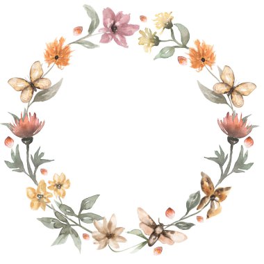 Suluboya kır çiçekleri çelenk illüstrasyonu, el çizimi çayır çiçekleri buket klipsi, düğün davetiyesi, logo tasarımı, bebek partisi, kart yapımı, çiçek aranjmanı