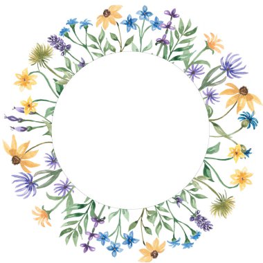 El çizimi suluboya bahar ve yaz çelenkleri desenli çelenkler, kır çiçeği çelenkleri düğün için tarla çiçekleri çerçevesi, doğum günü davetiyesi. Çayır bitkileri klipsleme sanatı. Çiçek aranjmanı