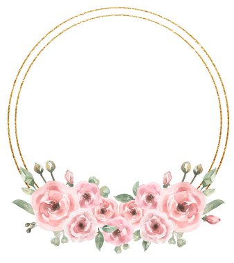 Narin pembe çiçek çelenkleri bahçe çiçekli ve yeşillikli suluboya çerçeveler, çiçek desenli çelenkler, logo tasarımı düğün davetiyeleri, bebek partisi.