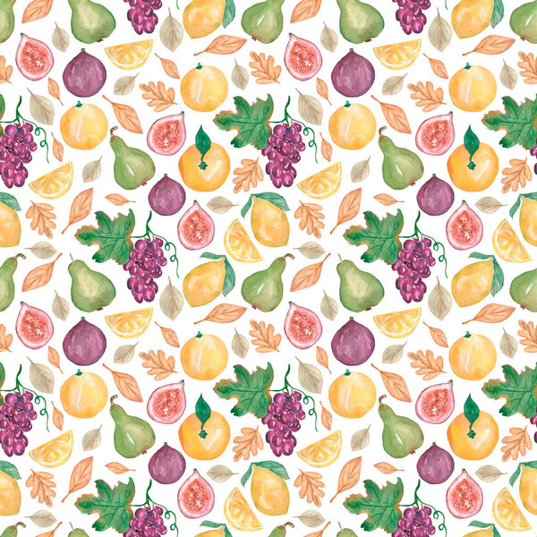 Плоды акварели бесшовный узор, виноград и фрукты ручной работы повторить бумагу, груша, сливы и лимона печати, эко-пищевой альбом бумаги.