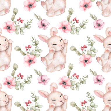 Tatlı tavşanlar ve çiçeklerle suluboya desenli. Vahşi hayvanlar, okaliptüsler, pembe şakayık çiçekleri. El yapımı sevimli tavşan ve yeşillik arka planı