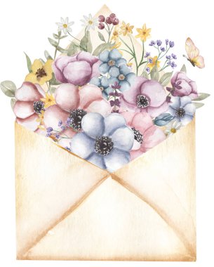 Resimde suluboya çayır çiçekleri, kır çiçekleri desenli kart şablonu. Mektup zarfıyla el çizimi Anempne tırpanı.