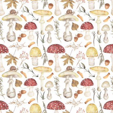 Suluboya mantar deseni, orman yapraklarıyla sonbahar süsü, dallar ve beyaz arka planda mantarlar. Çiçek desenli mantar kağıdı. 