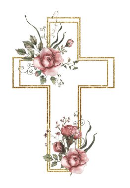Suluboya el, altın çerçeveli çiçek haçı, Paskalya dini illüstrasyonu, yeşillik ve pembe şakayık haçı, vaftizci klip sanatı, kutsal ruh sanatı, düğün davetiyesi.