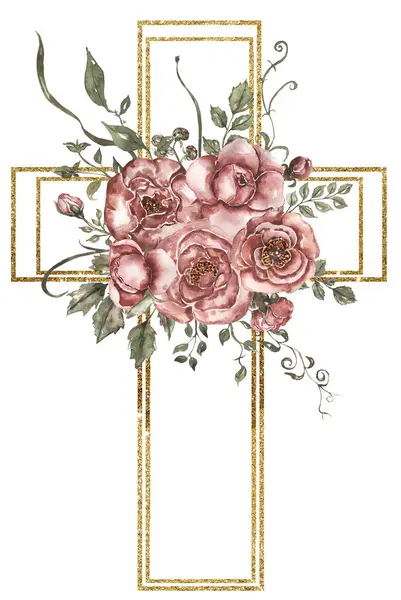 stock image Watercolor hand painted Floral Cross Clipart, Easter Religious red peony flower illustration, Baptism Cross clipart, Holy Spirit clipart, golden frame, wedding, Easter, church, holiday