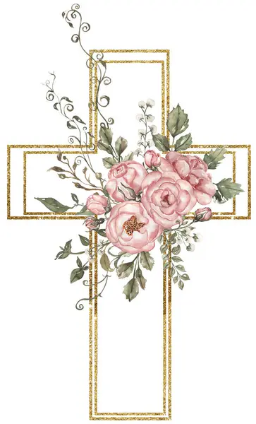 stock image Watercolor hand painted floral cross with golden frame clipart, Easter Religious illustration, greenery and red peony cross, Baptism clip art, Holy Spirit art, wedding invitatio