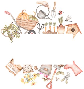 Suluboya el çizilmiş Bahçe Çerçevesi, bahçe aletleri klip sanatı, Kürek illüstrasyonu, Rakes, Rustik Bahçesi Çerçevesi, Çiftlik Evi baskısı, Saksı Bitkileri çelengi