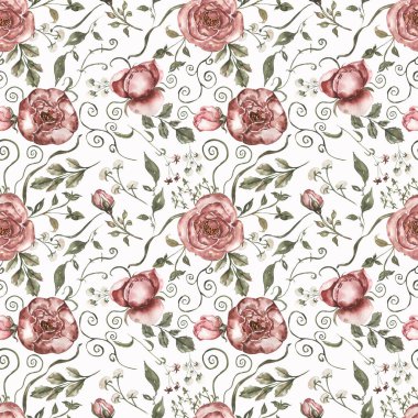 Şakayık ve yeşillikle kusursuz bir desen. Çiçekten yapılmış bir süs. El çizimi suluboya, botanik kağıt çizimi. Beyaz arkaplanda kırmızı çiçek buketleri.