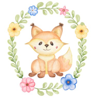 Suluboya orman tilkisi hayvan çelengi, çayır çiçeği çerçeve çizimi, şirin bir hayvanla botanik çerçeve. Bebek partisi daveti, çocuk odası dekoru, parmak izi için çocuk odası pervazı.