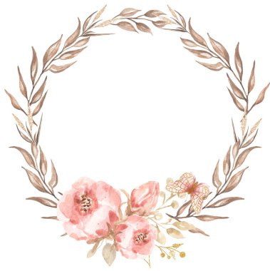 Kurutulmuş otlar ve şakayık çiçekleri suluboya çelenkler. Kelebek desenli kurumuş yapraklar, pembe çiçek desenli. Botanik illüstrasyon. Düğün davetiyesi, selamlama, kart, baskı, hatıra defteri