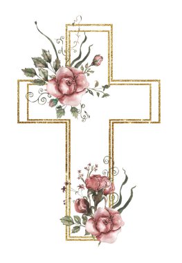 Suluboya el, altın çerçeveli çiçek haçı, Paskalya dini illüstrasyonu, yeşillik ve pembe şakayık haçı, vaftizci klip sanatı, kutsal ruh sanatı, düğün davetiyesi.