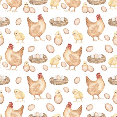 Watercolor chicken and hen seamless pattern, wild life life cycle repeat paper, animals textile background