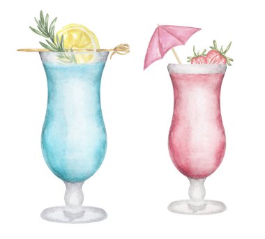 Watercolor hand drawn cocktail illustration set. Beverages clipart for menu, card, postcard, banner, poster. Food and drink print