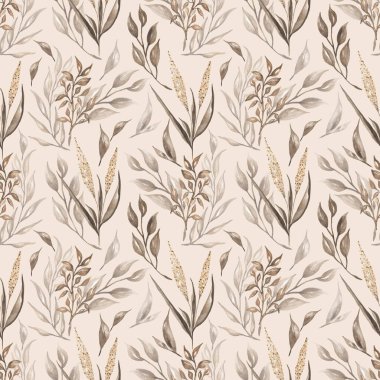 Seamless watercolor pattern with  floral in trendy beige and  brown neutral colors.  modern color. Hand drawn decor patterns with florals decoration. 