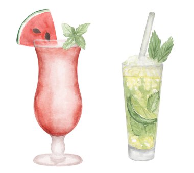 Watercolor hand drawn cocktail illustration set with watermelon and lime. Beverages clipart for menu, card, postcard, banner, poster. Food and drink print