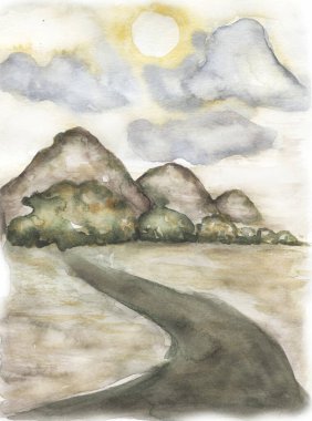 Watercolor mountains composition, trees and valley illustration, clouds and sun. Card invitation design