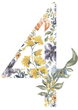 Wildflowers Number Four Blossom Alphabet Design. Watercolor Floral number 4 isolated on white background.