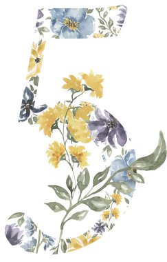 Wildflowers Number Five Blossom Alphabet Design. Watercolor Floral number 5 isolated on white background.