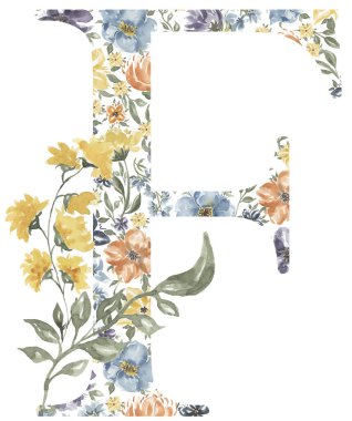Wildflowers F letter clipart, Blossom Alphabet Design. Watercolor Floral monogram illustration isolated on white background.