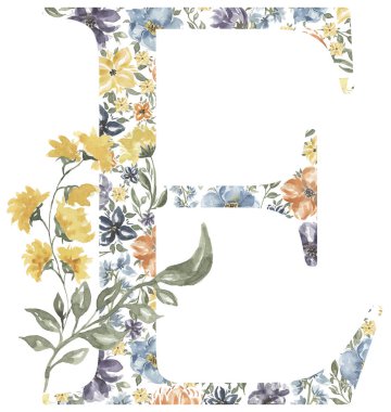 Wildflowers E letter clipart, Blossom Alphabet Design. Watercolor Floral monogram illustration isolated on white background.
