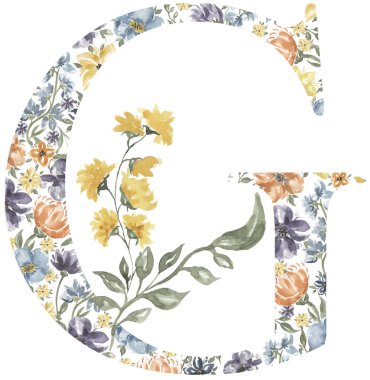 Wildflowers G letter clipart, Blossom Alphabet Design. Watercolor Floral monogram illustration isolated on white background.