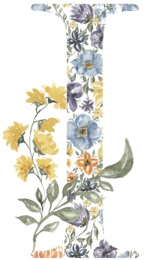 Wildflowers I letter clipart, Blossom Alphabet Design. Watercolor Floral monogram illustration isolated on white background.