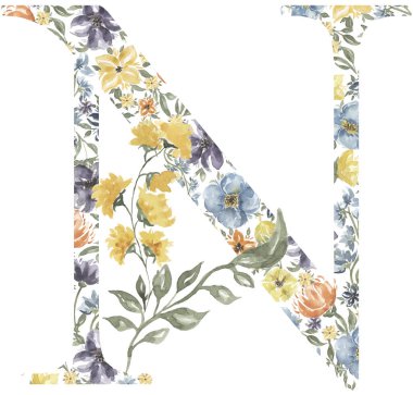 Wildflowers N letter clipart, Blossom Alphabet Design. Watercolor Floral monogram illustration isolated on white background.