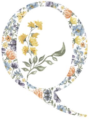 Wildflowers Q letter clipart, Blossom Alphabet Design. Watercolor Floral monogram illustration isolated on white background.