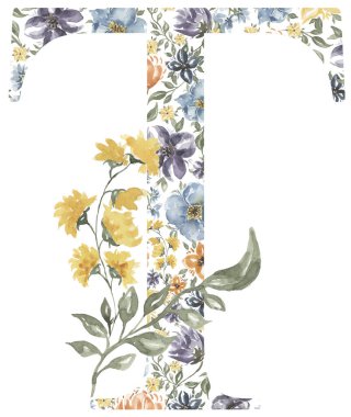 Wildflowers T letter clipart, Blossom Alphabet Design. Watercolor Floral monogram illustration isolated on white background.
