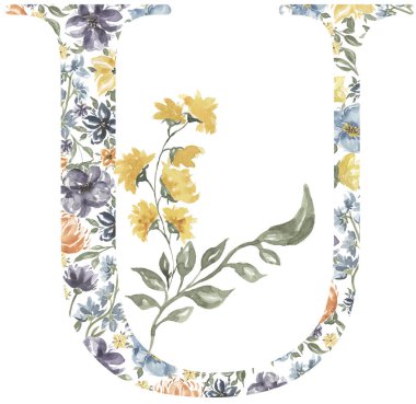 Wildflowers U letter clipart, Blossom Alphabet Design. Watercolor Floral monogram illustration isolated on white background.